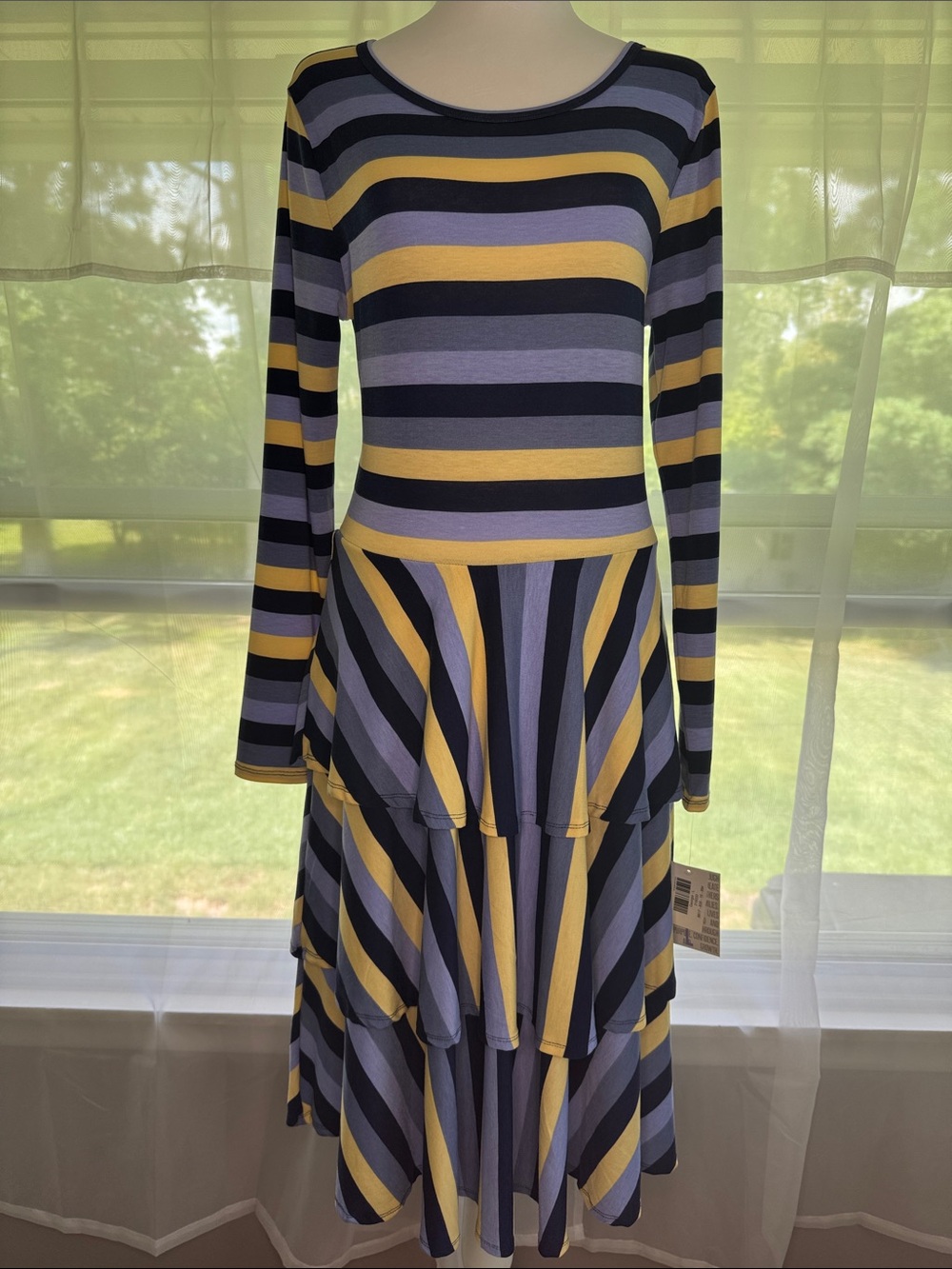 LuLaRoe Georgia Striped Long-Sleeve Tiered Dress in Yellow and Three Toned Blue